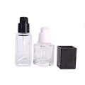 Custom 20ml 30ml 35ml 40ml square glass cosmetic lotion bottle with black lid